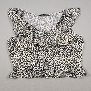 ZARA Blouse Leopard Print Ruffle Trim Sleeveless Crop Top Tank Womens Size Large